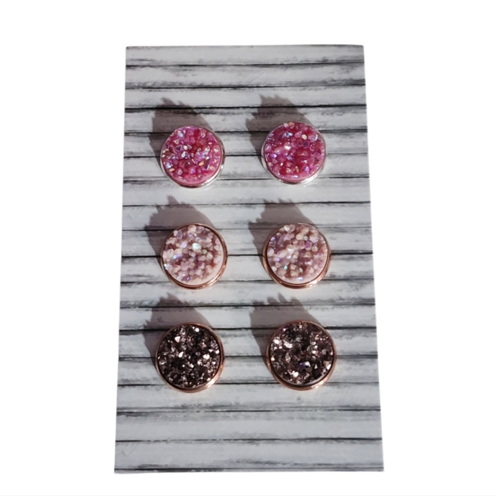 3 Pack Blush & Sparkle Stud Earring Set - Pink/Blush/Rose Gold